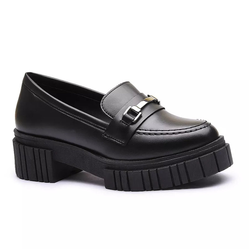 Mocassim Fourshoes Feminino Tratorado Preto com Metal Prata