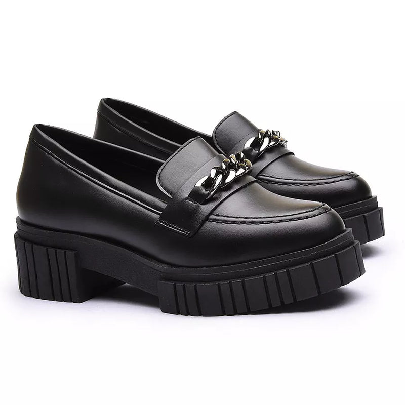 Mocassim Fourshoes Feminino Tratorado Preto com Metal Prata